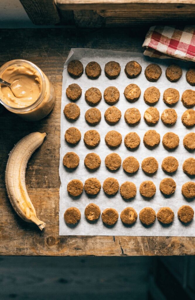 peanut butter banana homemade soft dog treat bites on parchment