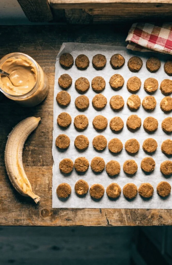 peanut butter banana homemade soft dog treat bites on parchment
