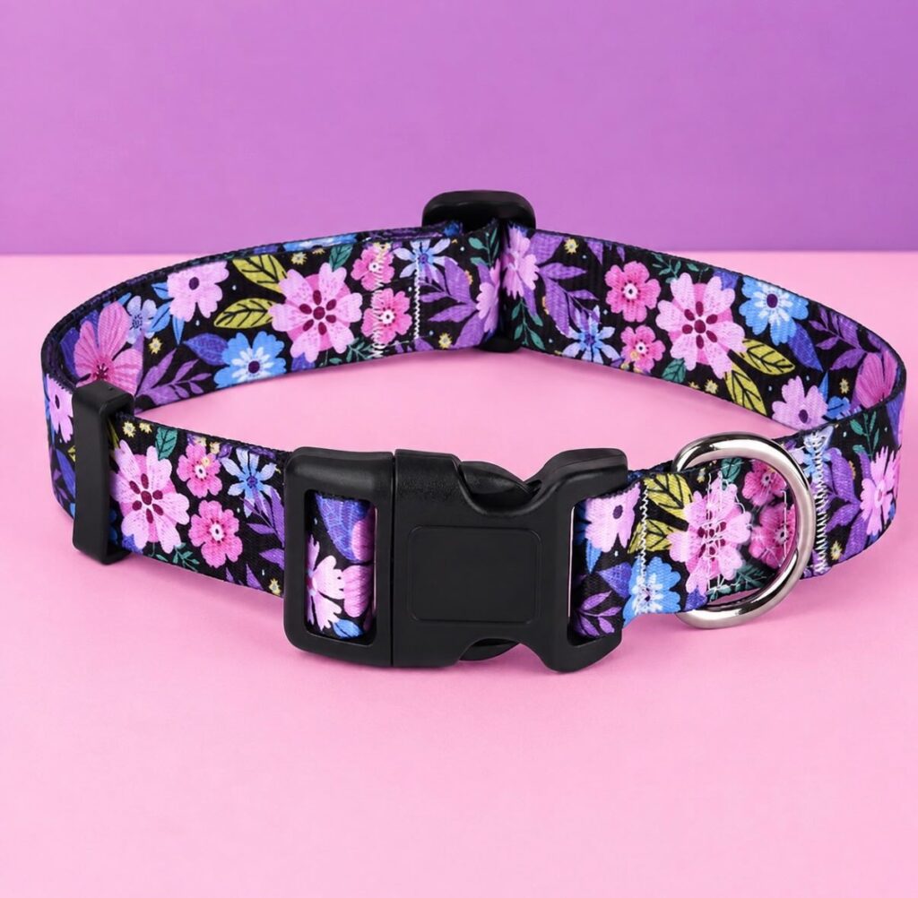 DIY sewn fabric dog collar with dark floral botanical print
