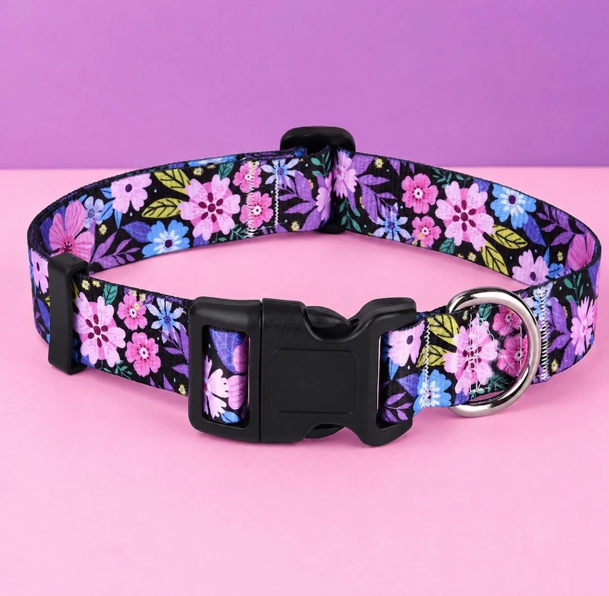 DIY sewn fabric dog collar with dark floral botanical print