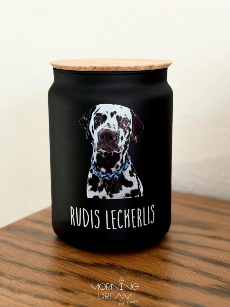 Black bamboo lid jar with printed Dalmatian portrait for treats