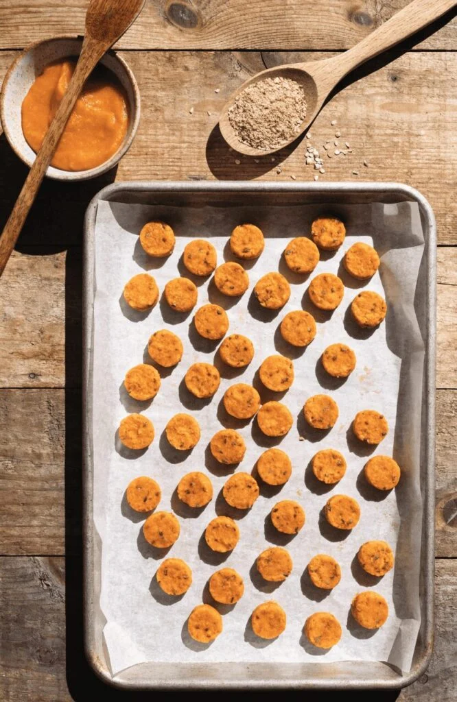 soft dog treats homemade pumpkin flaxseed drops on baking tray