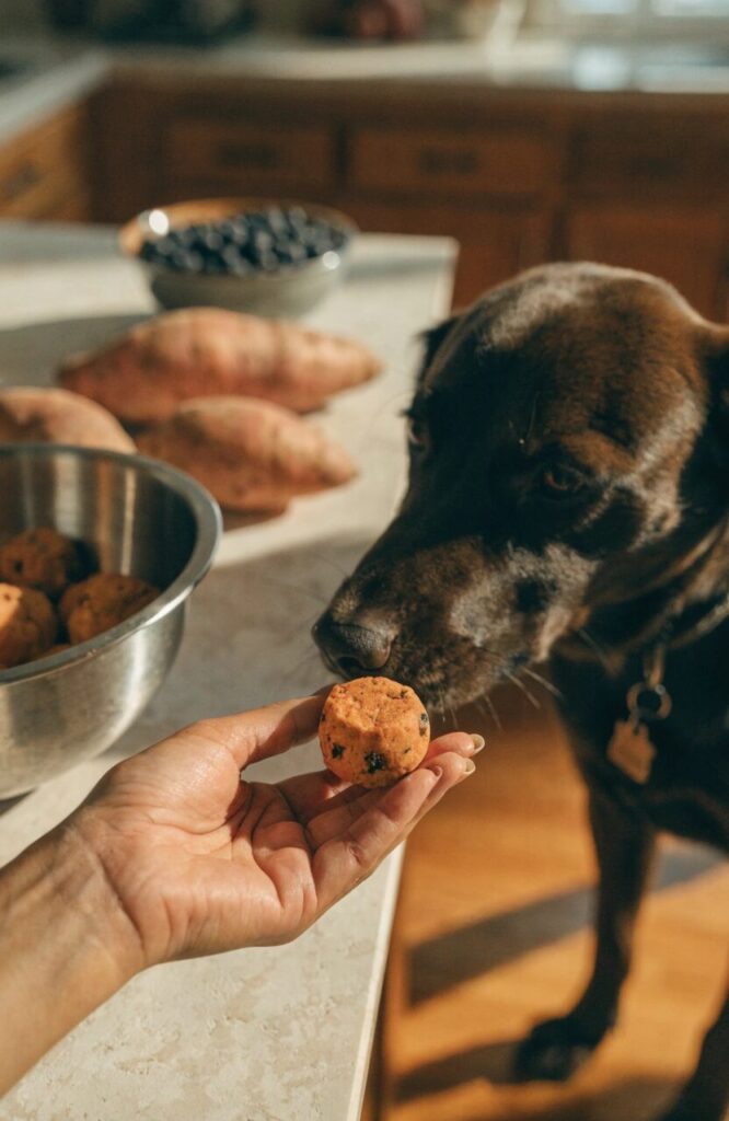 hand holding sweet potato blueberry peanut butter dog chew