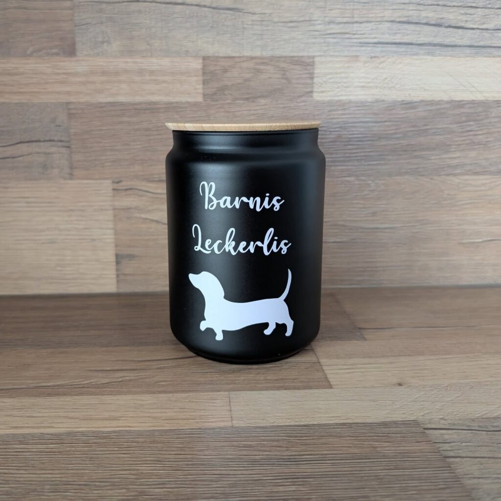 Black glass jar with dachshund silhouette and dog name in script