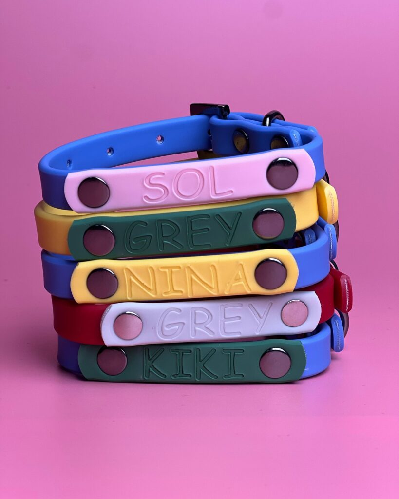 Colorful silicone dog collars with custom snap-on name plates