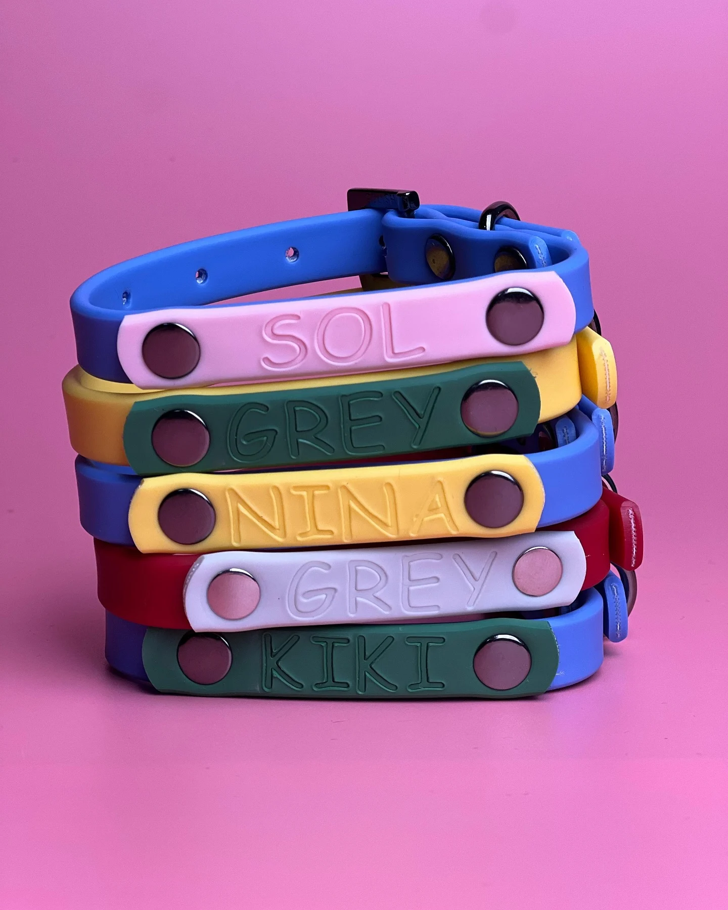 Colorful silicone dog collars with custom snap-on name plates