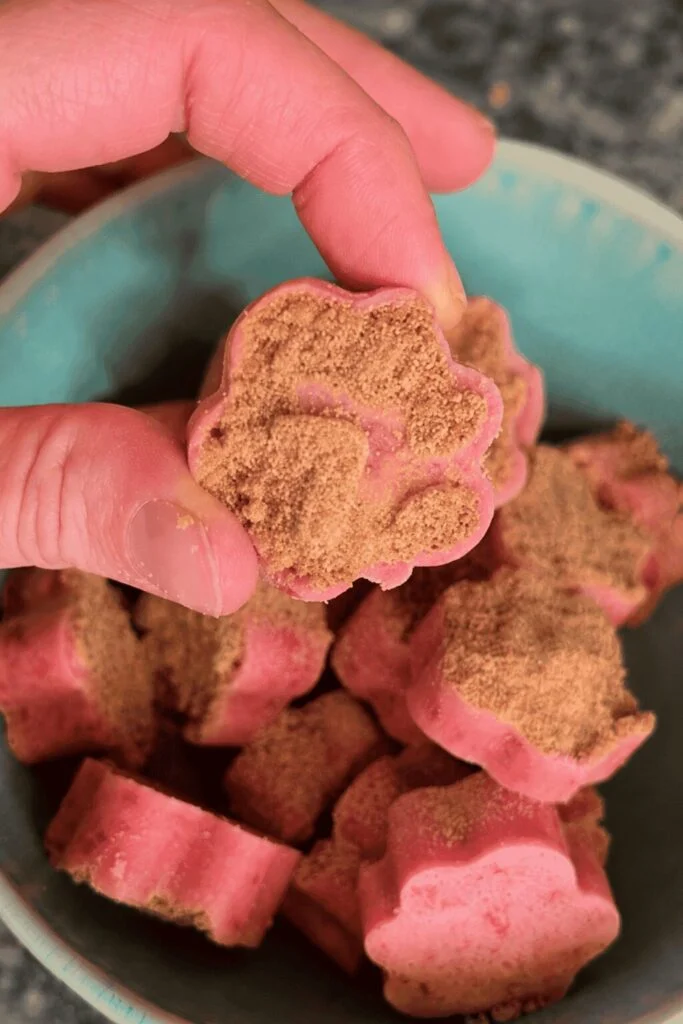 Strawberry banana frozen yogurt cup treat dusted with crumbled dog biscuit