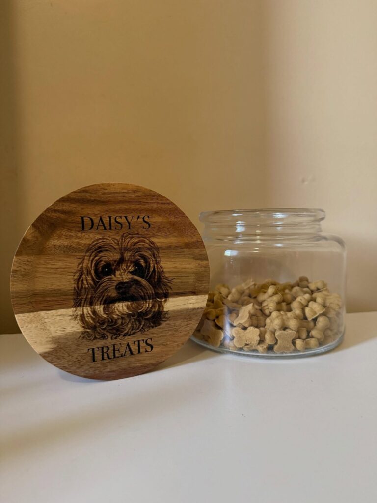 Wood burned lid diy dog treat jar ideas with dog portrait