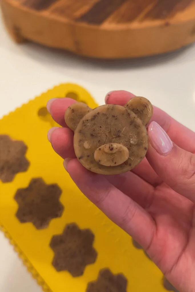 Brown yogurt applesauce blueberry bites shaped like a bear for dogs