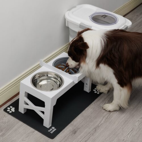 Dog bowl stand paired with matching rolling food storage bin