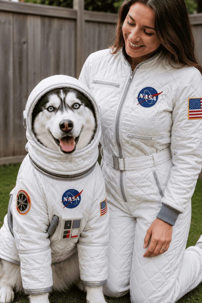 Astronaut costume detail photo dog owner