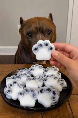 Blueberry coconut oil 2-Ingredient Dog Treats in paw shaped molds