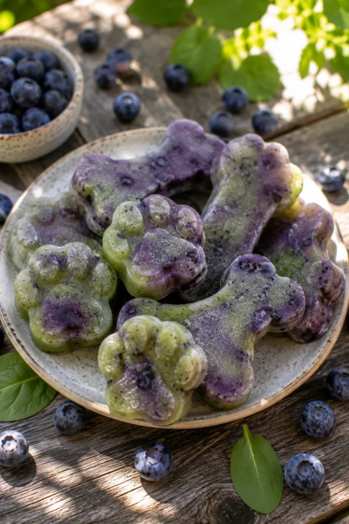 Frozen cucumber dog treats with blueberry and a touch of turmeric for color