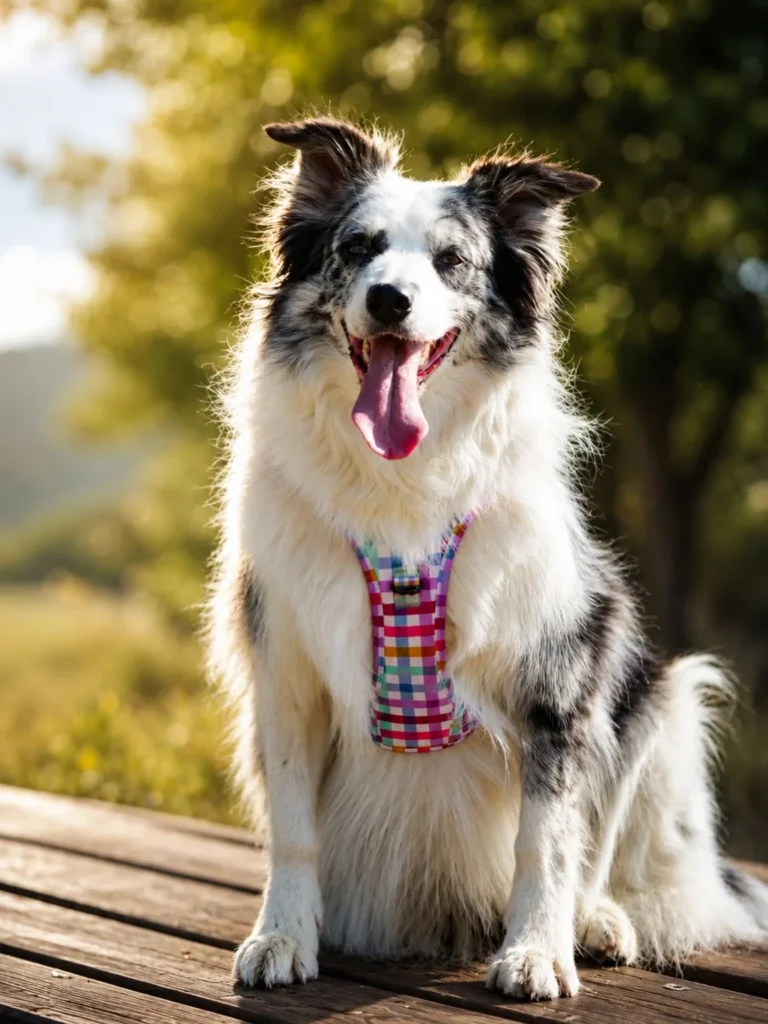 Border Collie wearing colorful checkered dog harness sewing pattern