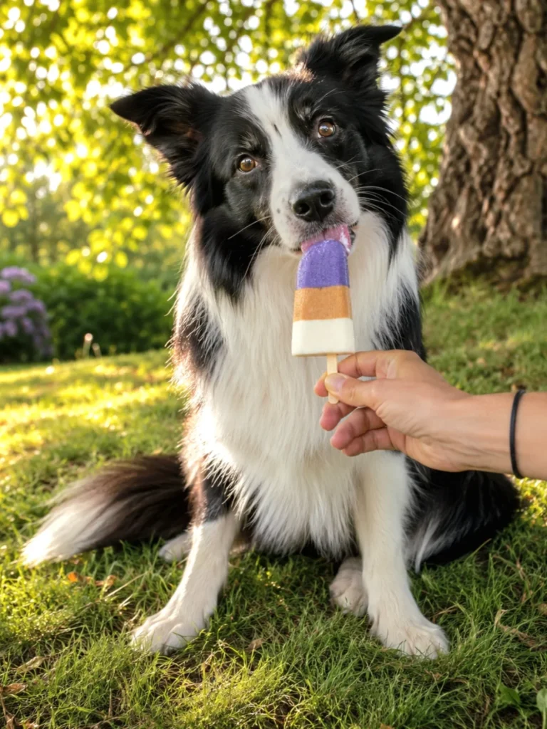 Border collie licking a homemade yogurt and peanut butter dog popsicle