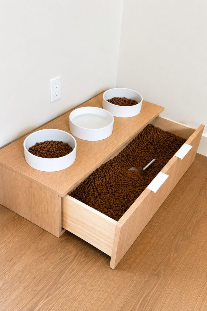 Built-in dog food storage idea with drawer and bowls