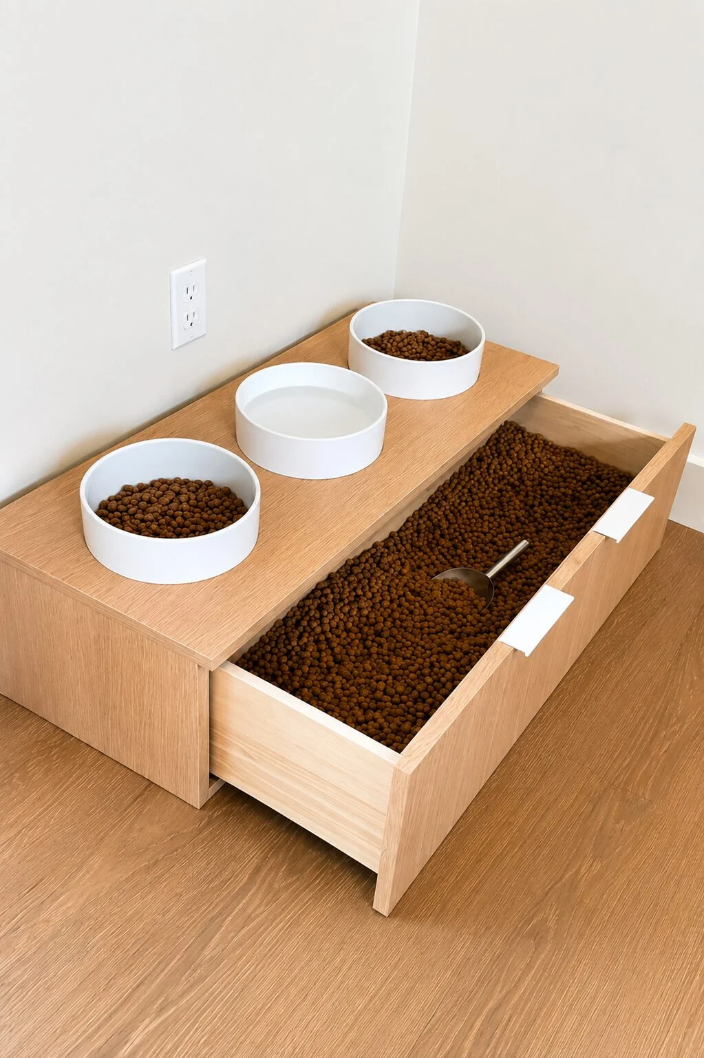 Built-in dog food storage idea with drawer and bowls