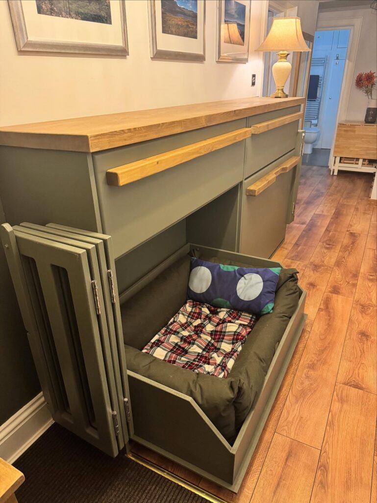 Built in cabinet drawer nook bed extension idea for dogs