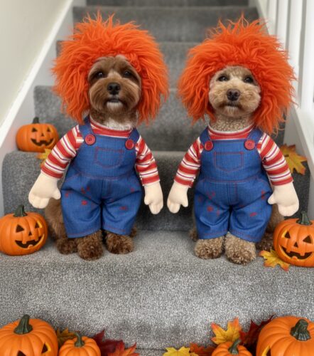 Twin Cavapoo dogs in Chucky doll spooky halloween costumes for dogs