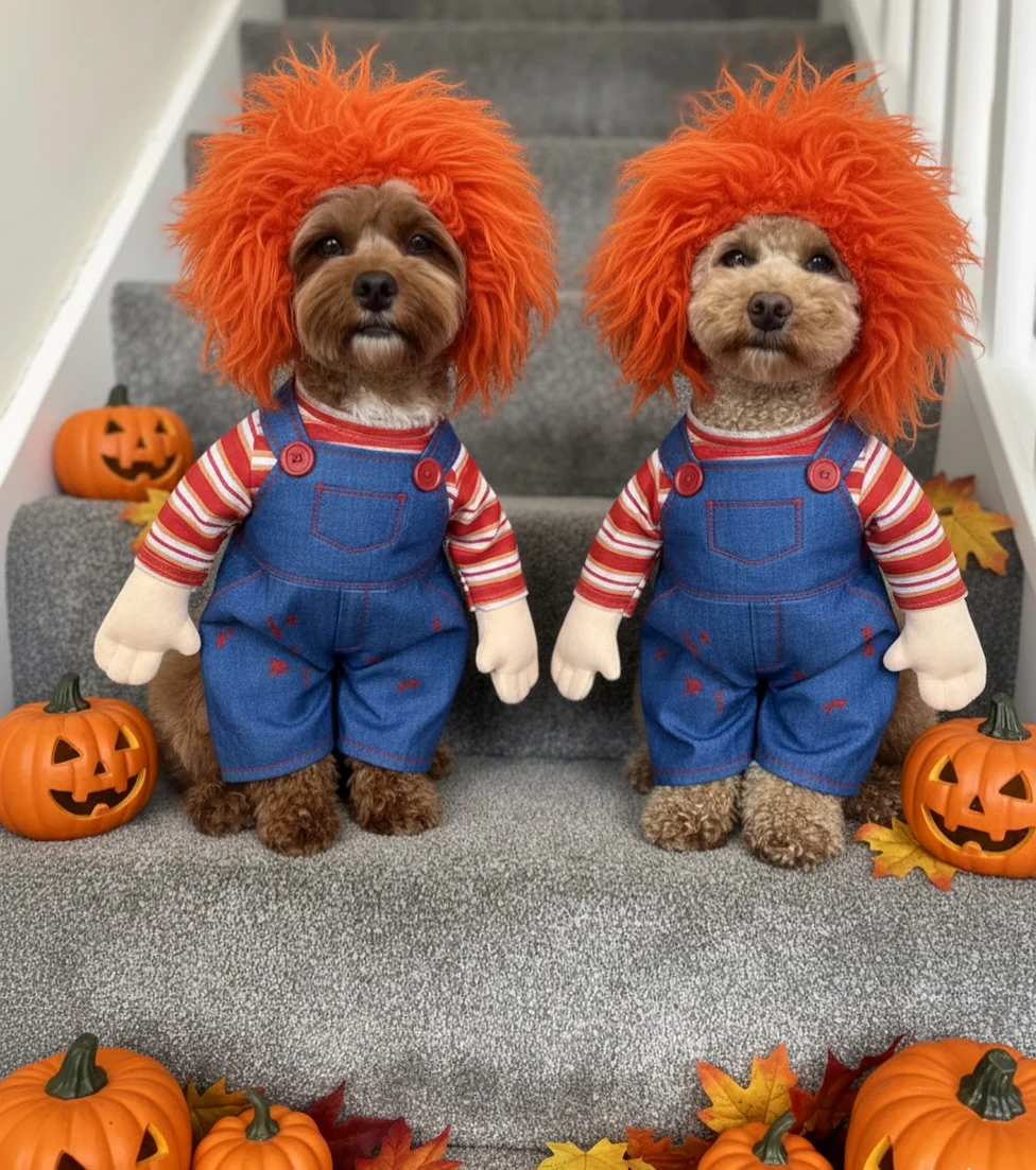 Twin Cavapoo dogs in Chucky doll spooky halloween costumes for dogs