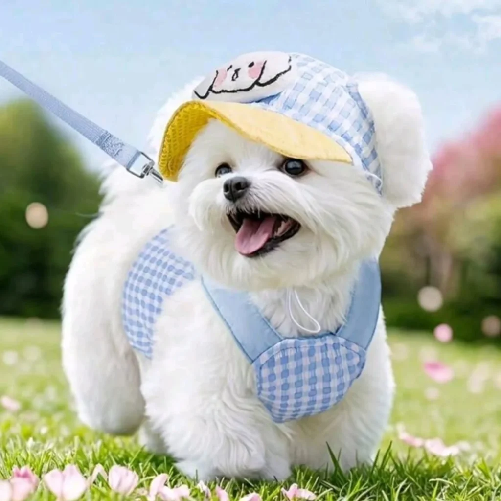 Fluffy white dog wearing costume style novelty harness with hat