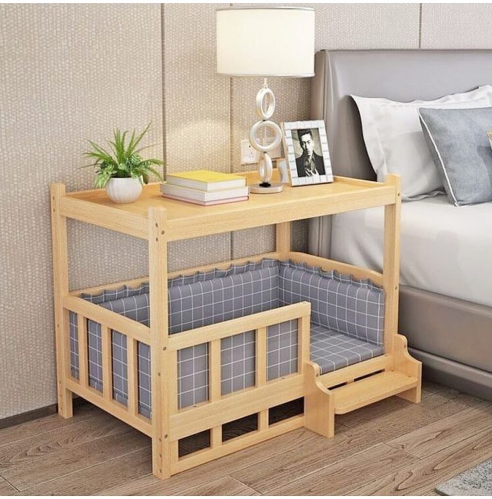 Crib rail nightstand bed extension for dogs with wood slat enclosure