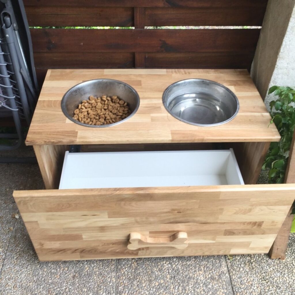 DIY wood bench with bowl cutouts and food drawer