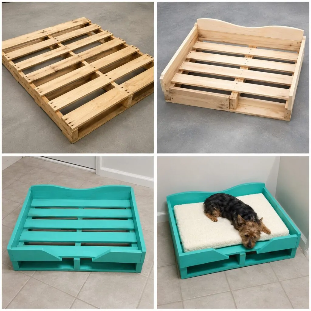 DIY raised dog bed idea made from a wooden pallet painted teal