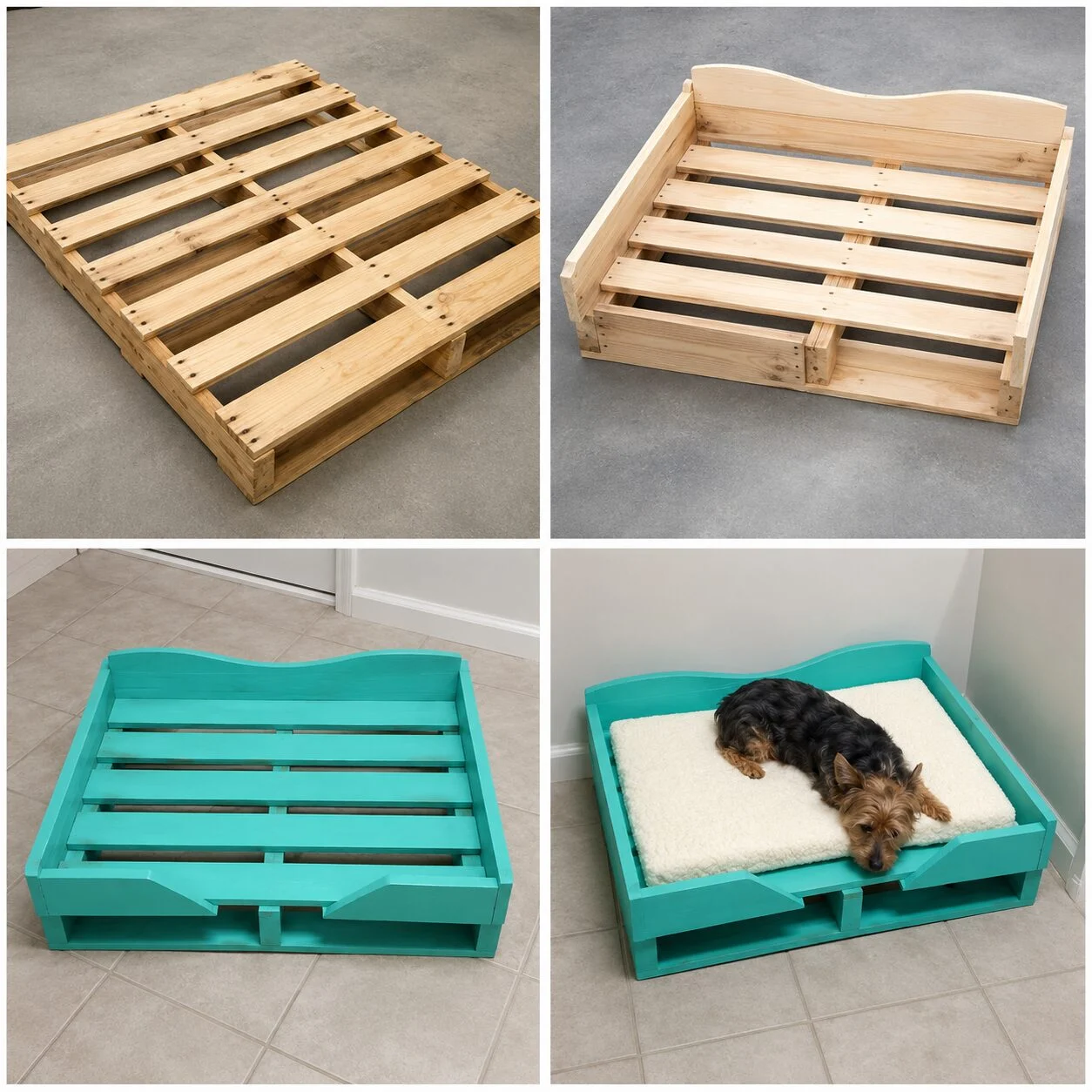 DIY raised dog bed idea made from a wooden pallet painted teal