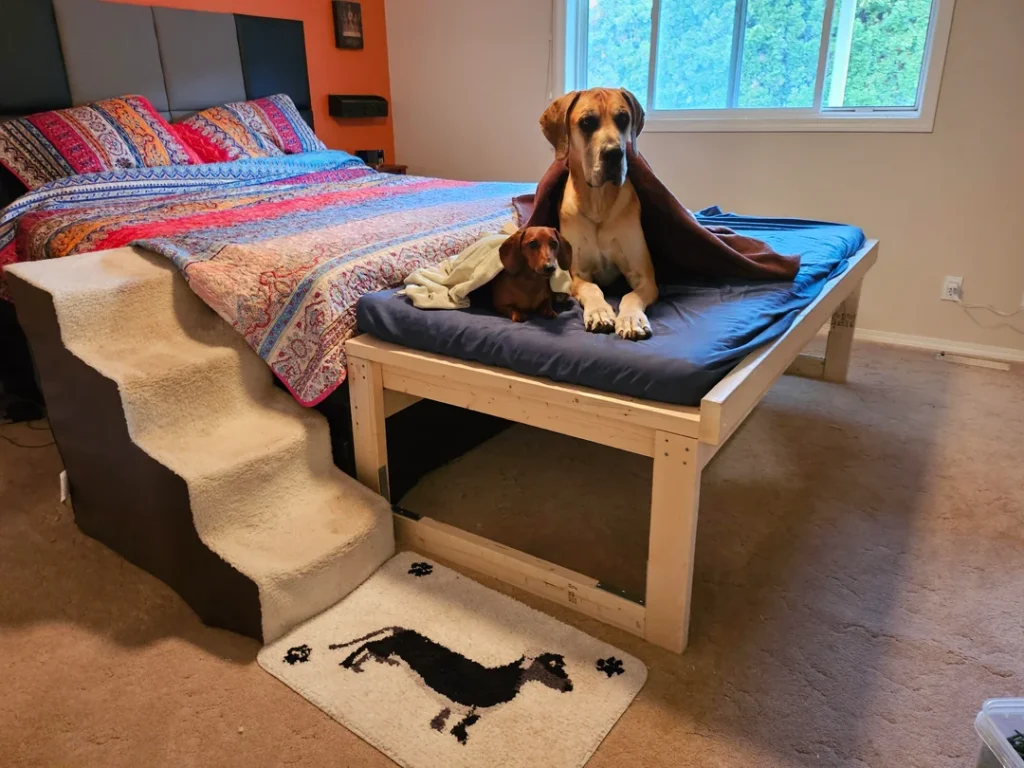 DIY bed extension for dogs with built in stairs for large and small dogs