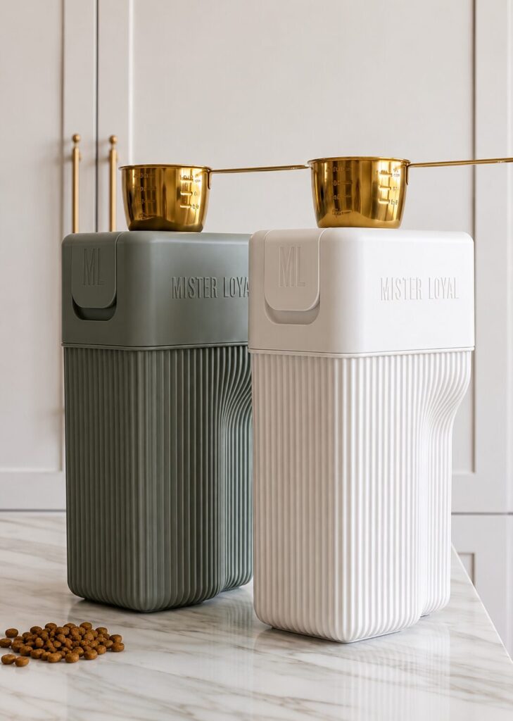 Designer canister dog food storage idea with scoop