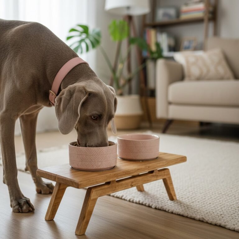 Dog eating from angled leg wood dog bowl stand
