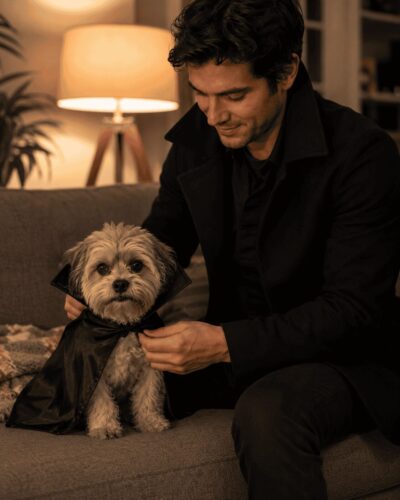 Vampire costume candid photo dog owner