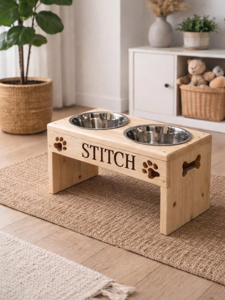 Engraved wood dog bowl stand with paw print cutouts and custom name