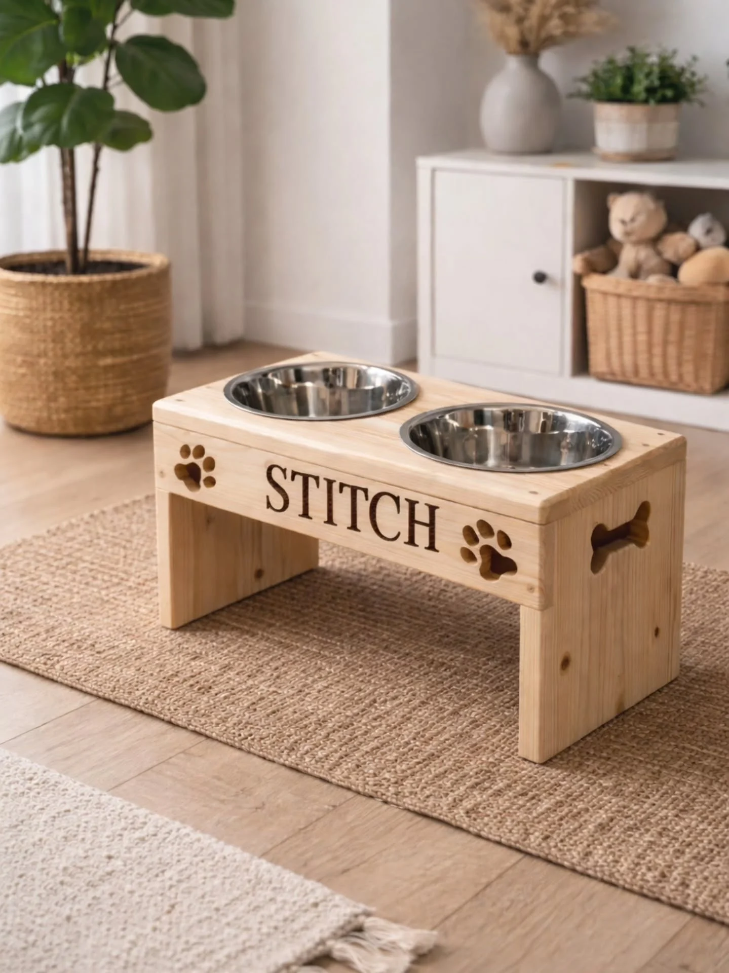 Engraved wood dog bowl stand with paw print cutouts and custom name