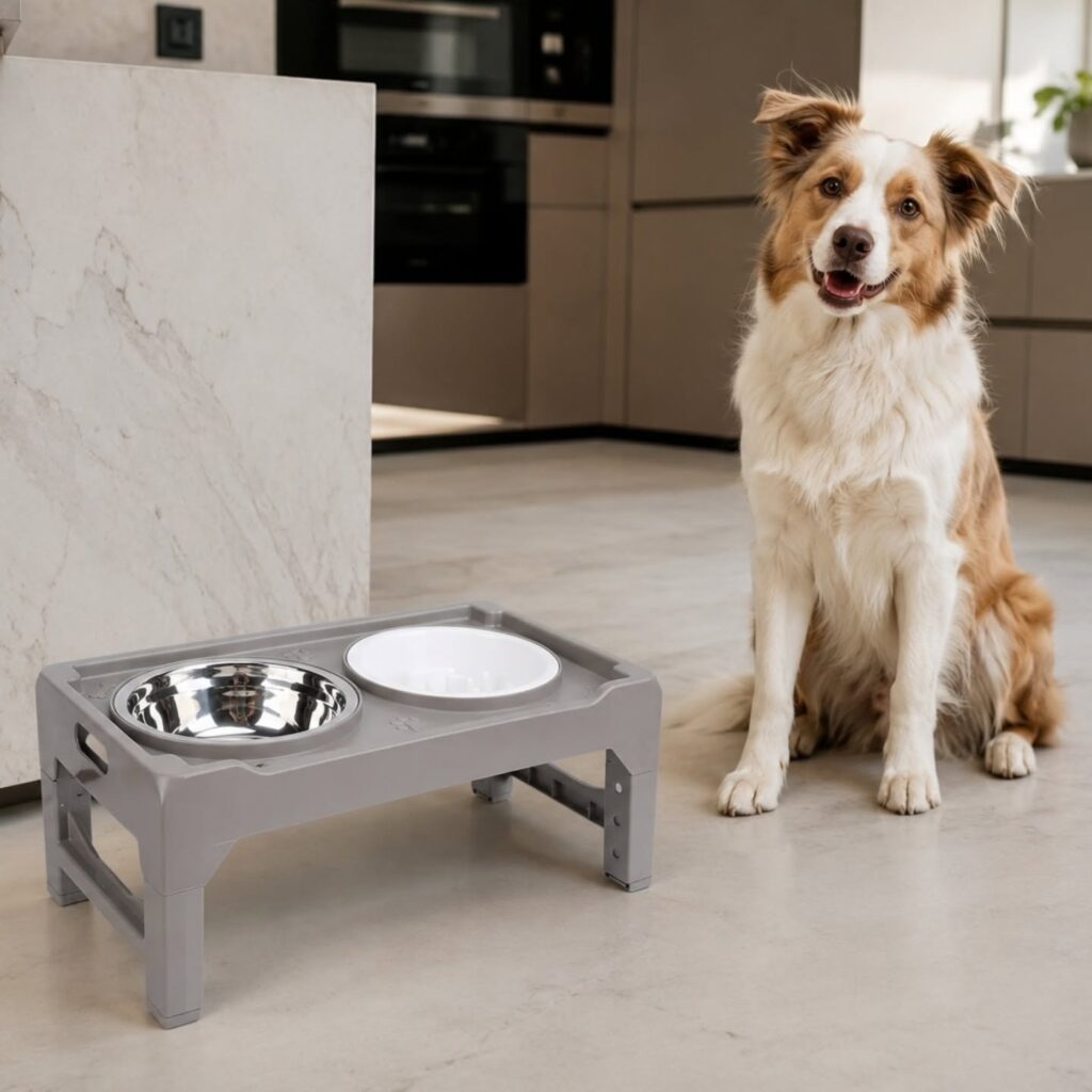 Golden retriever sitting beside foldable gray dog bowl stand