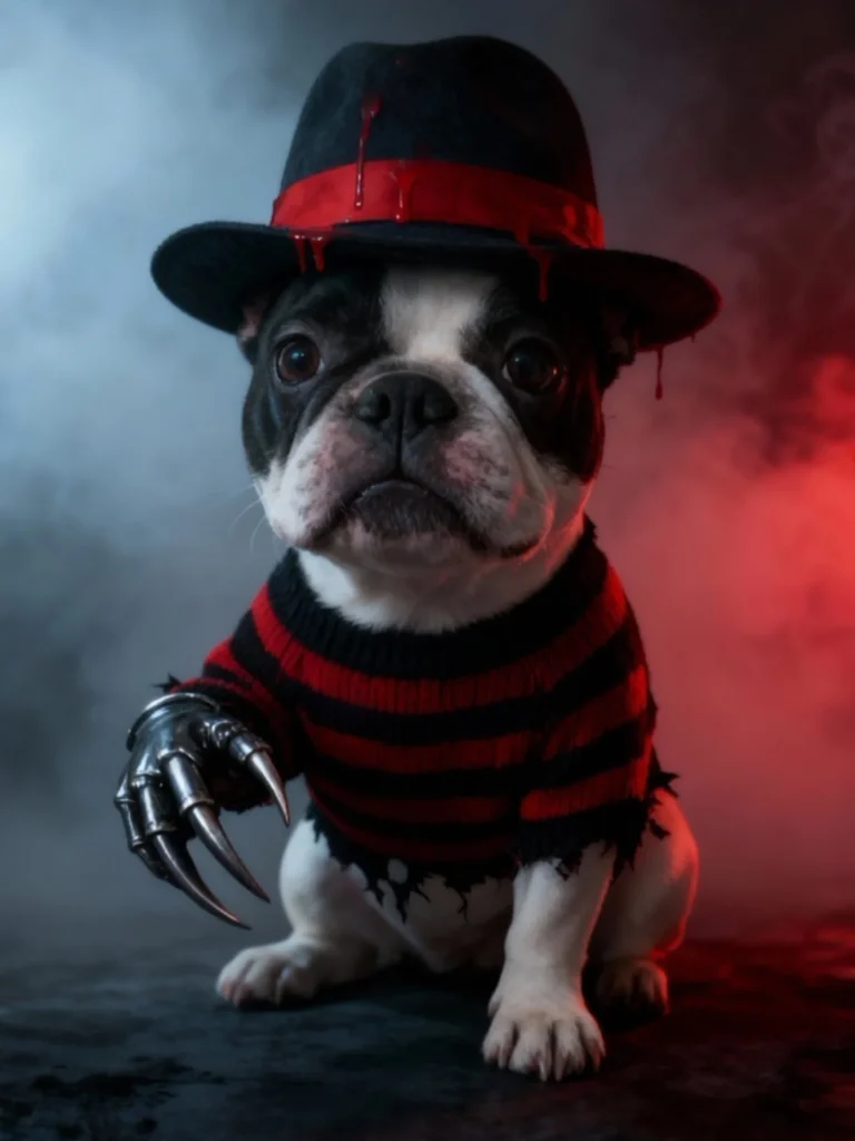 Boston Terrier wearing Freddy Krueger sweater and claw costume