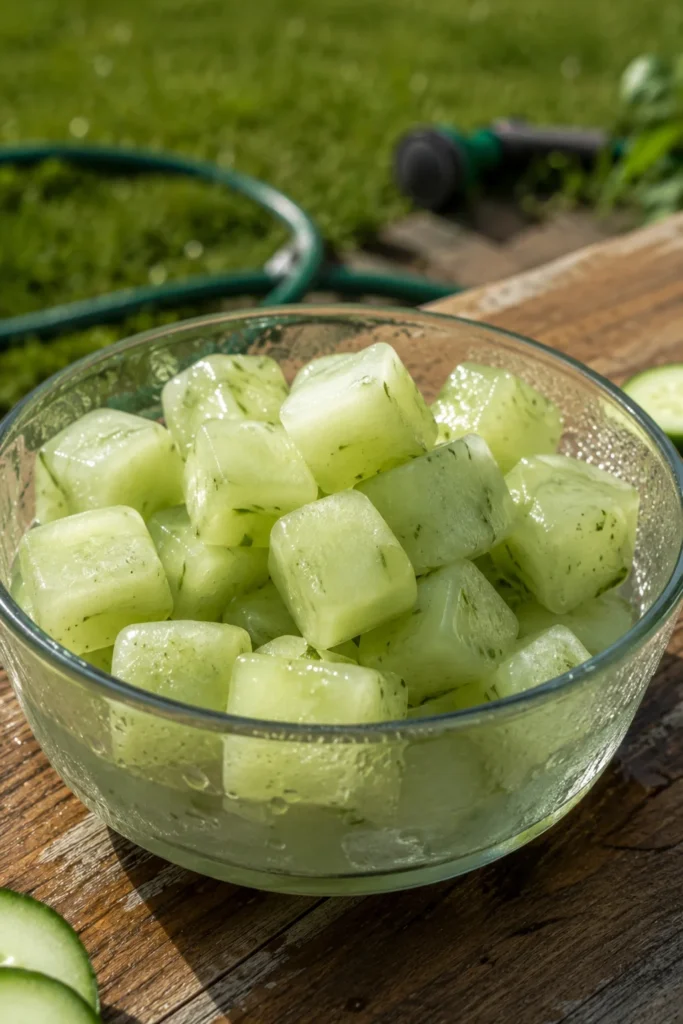 Small frozen cucumber dog treat cubes made using a standard ice cube tray