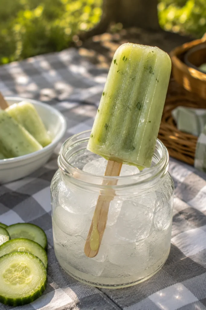Frozen cucumber pupsicle treat on a stick for dogs to lick outdoors