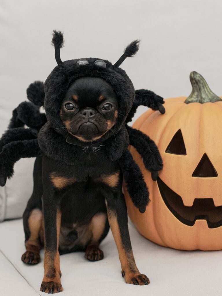 Puppy in giant spooky halloween costumes for dogs spider outfit