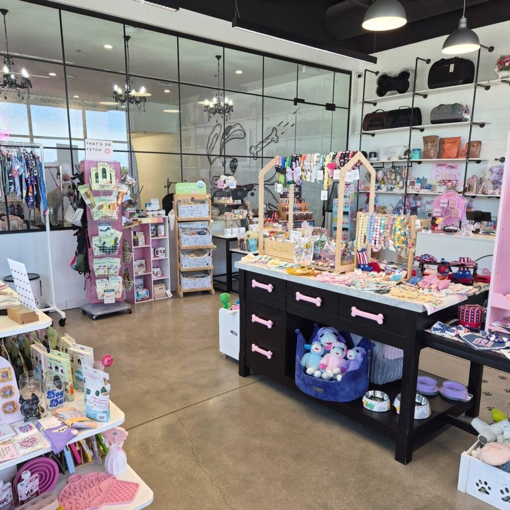 Glam dog boutique interior with chandeliers and glass storefront
