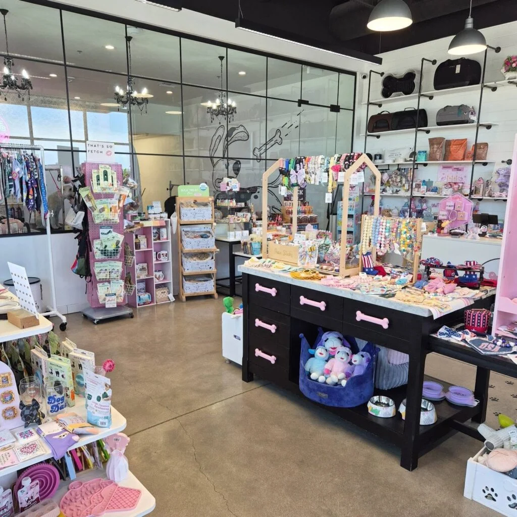 Glam dog boutique interior with chandeliers and glass storefront