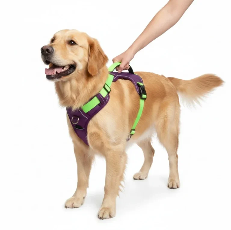 Golden Retriever wearing padded no pull harness with front leash clip