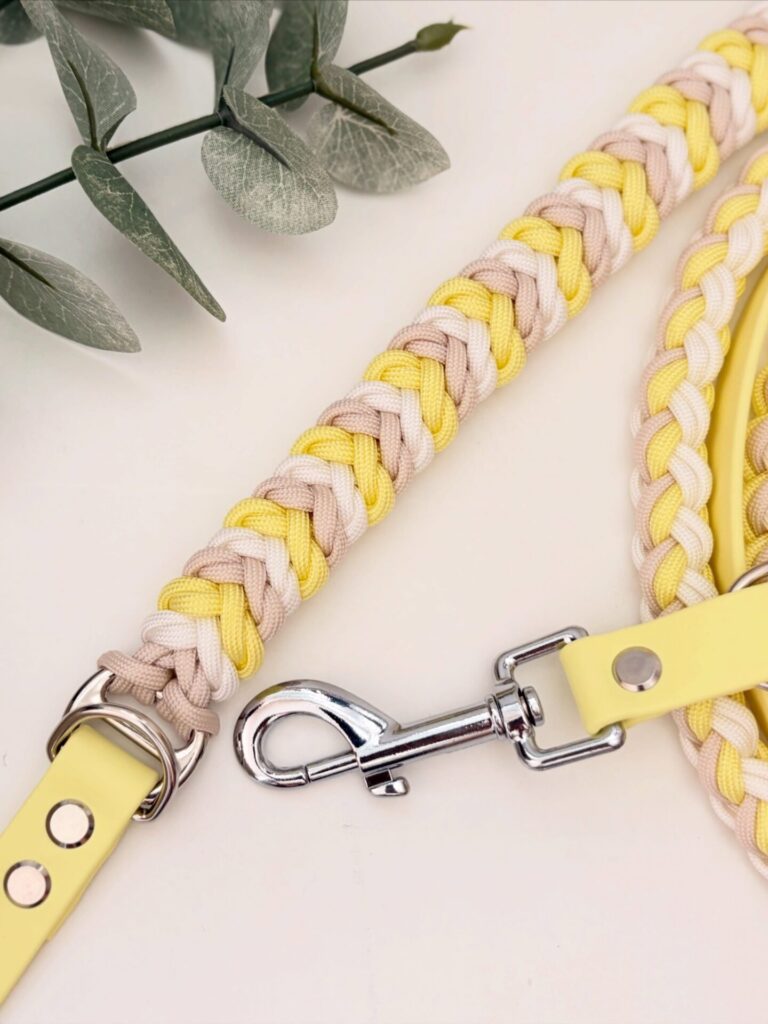 Herringbone braid biothane hybrid leash in soft yellow