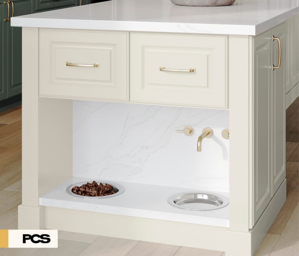 Marble dog bowl stand niche built into kitchen island base