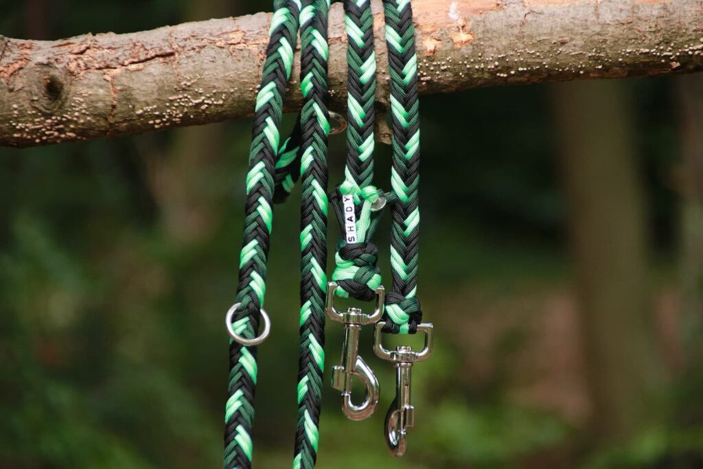 Matching family of braided paracord leashes in one colorway