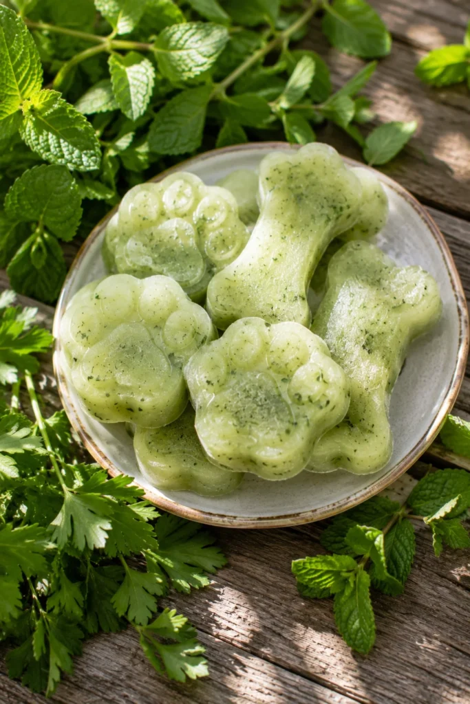 Frozen cucumber dog treats with fresh mint and parsley for breath freshening