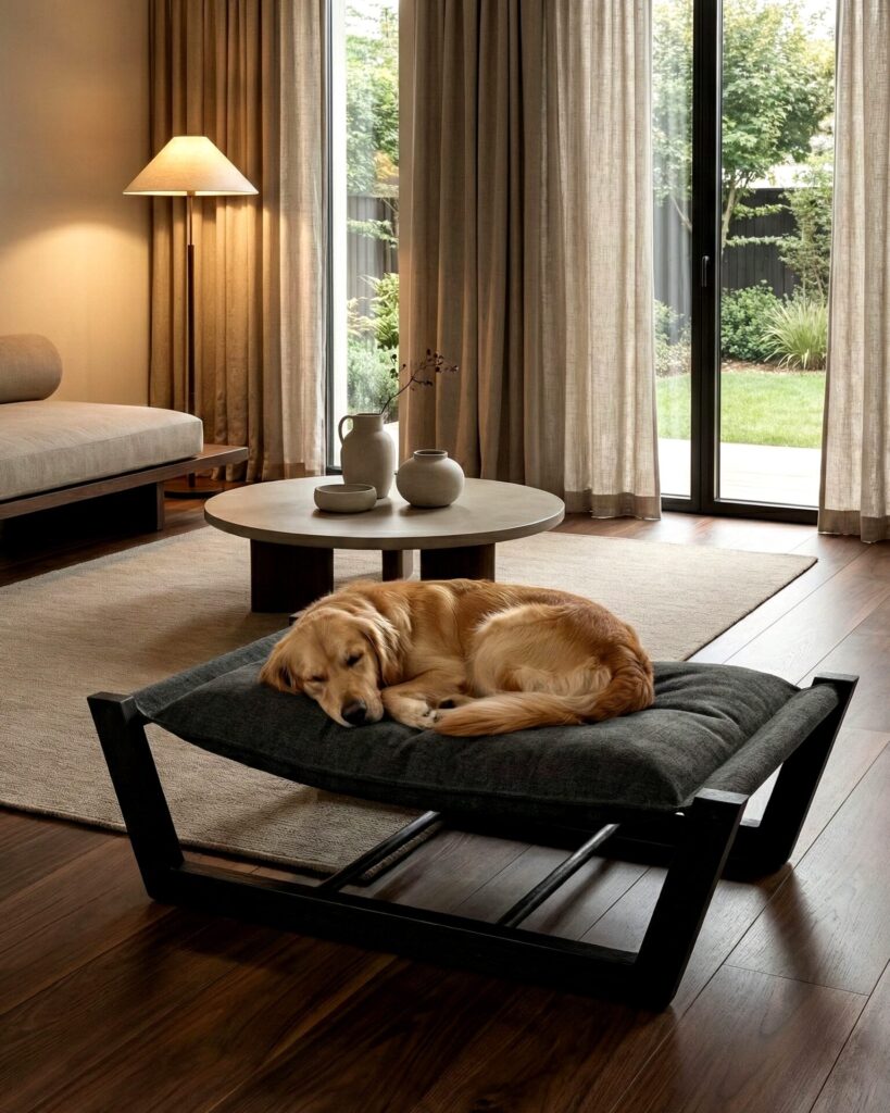 Modern minimalist raised dog bed with black wood X frame