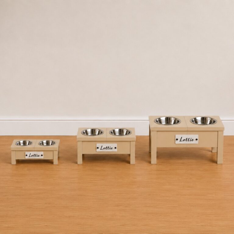 Three sizes of modular dog bowl stand with name tags