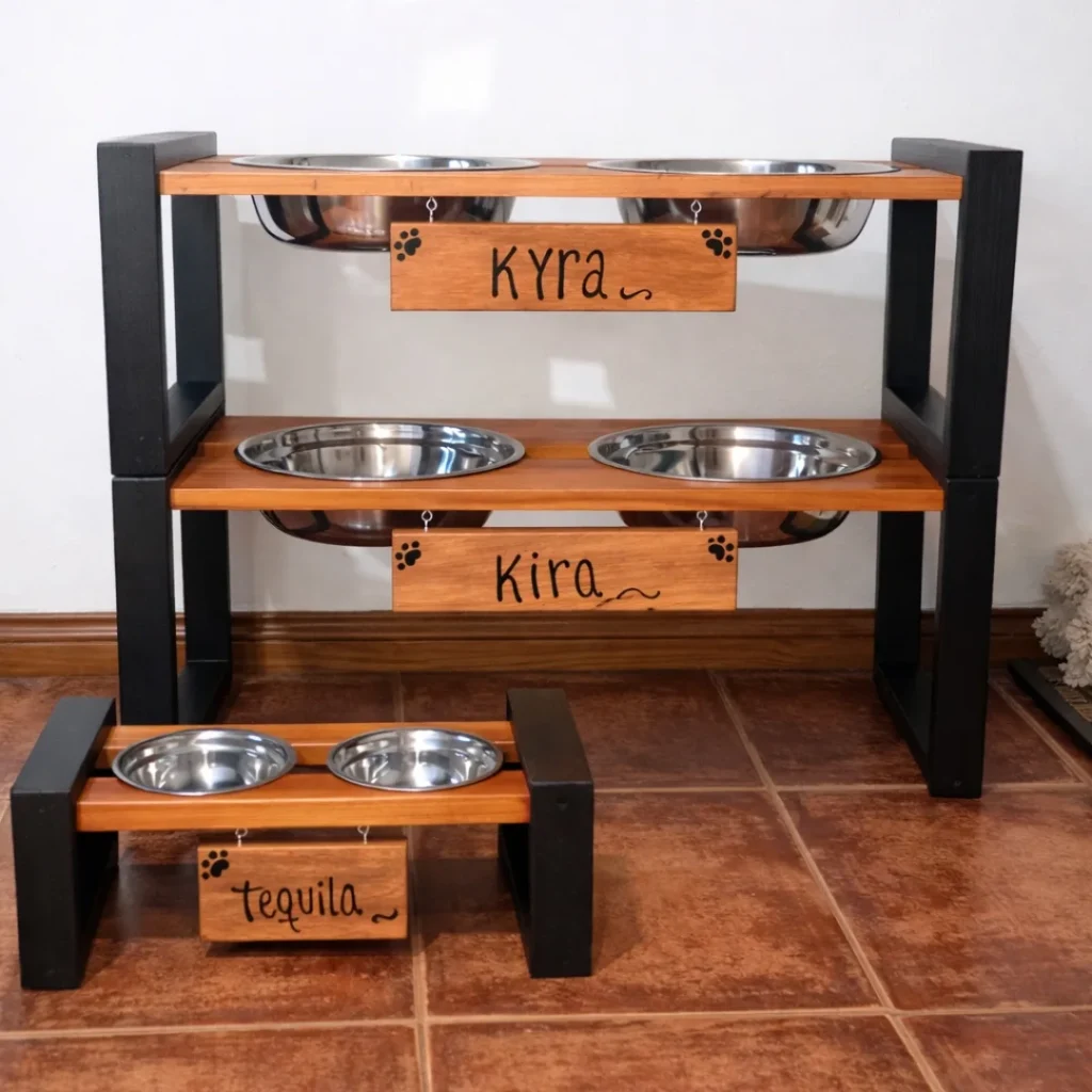 Multi tier wooden dog bowl stand rack for multiple dogs
